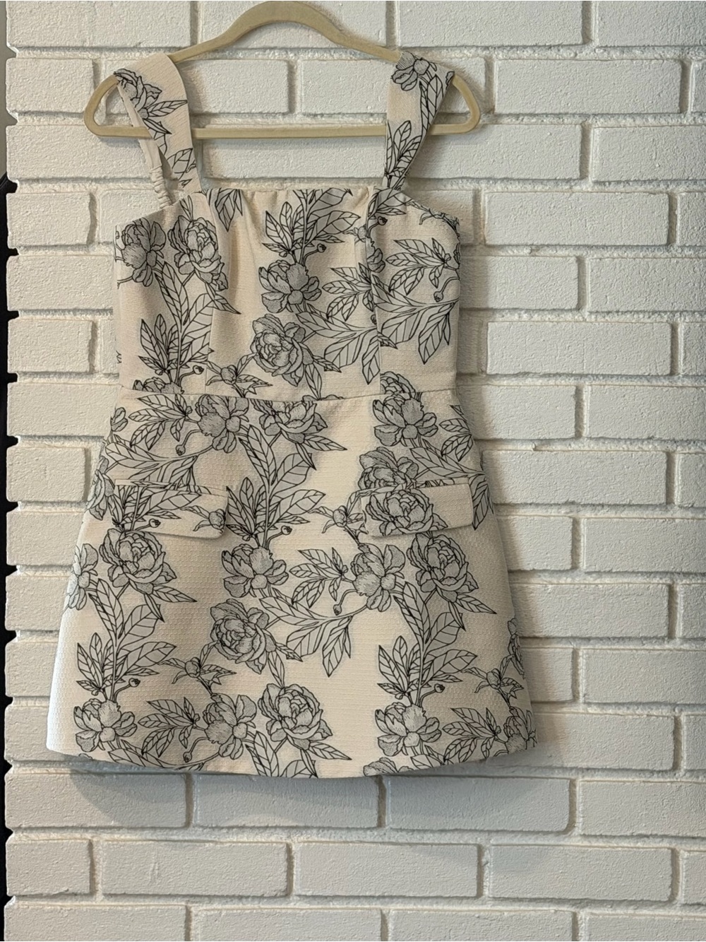Floral Textured A-Line Mini Dress - Cream with Black Floral Print